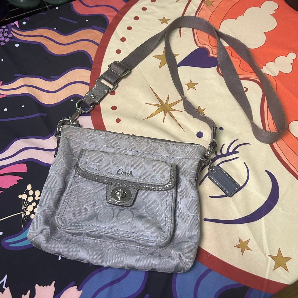 Coach Signature Jacquard Crossbody Bag Grey Silver Snakeskin Trim Purple Lining